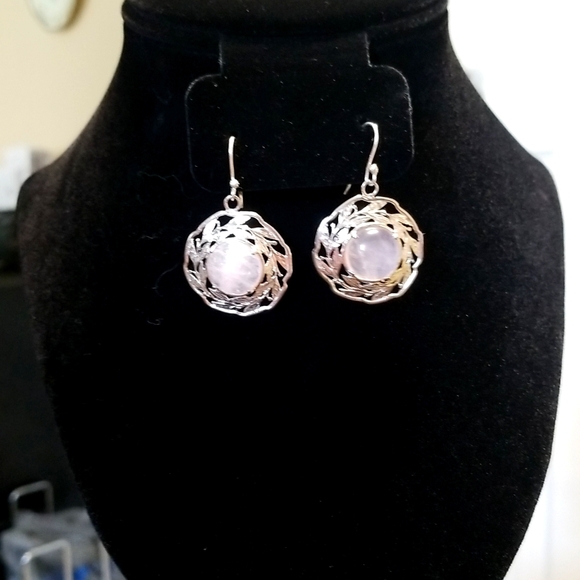Sweet Sterling Silver Earrings. Wire hangers. Stone is Pink. - Picture 1 of 4